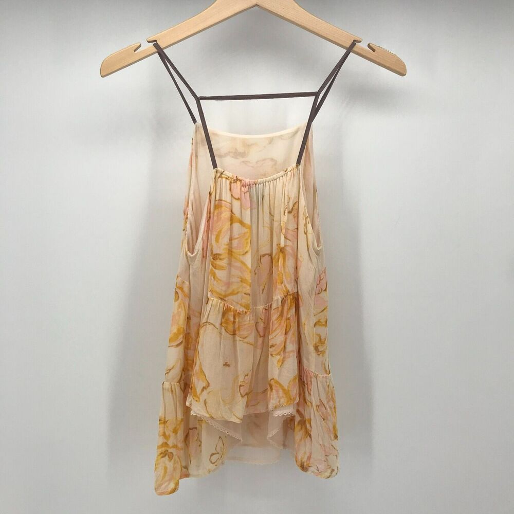 Anthropologie HD In Paris Cami Tank Top Womens Small Peach Yellow Floral Peplum - Picture 5 of 12